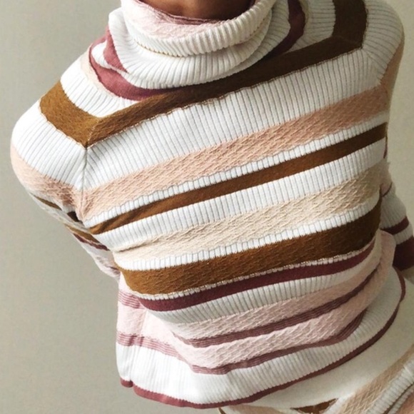 Sweaters - Free People Striped Turtleneck Sweater - White, Pink, Brown